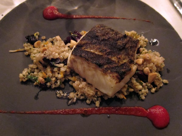 Josper grilled cod with barley risotto, beetroot, smoked almonds, and Riesling vinaigrette