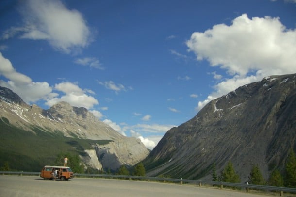 Travelers on the Icefields Parkway stop for a view of the Rockies