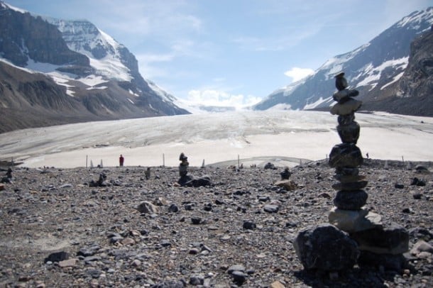 Visitor-made rock piles in front of the Athabasca Glacier