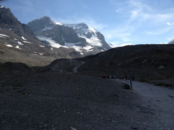 Walking up the rocky hill to the Athabasca Glacier
