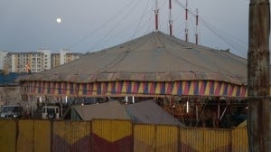 The full moon followed me all the way to Hampi. And, the circus was in town!  Can you see the camel?