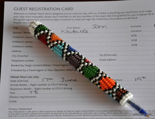 Registration card and pen