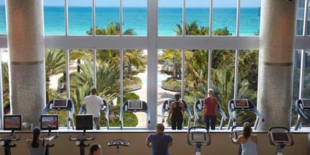 An extensive exercise room overlooks the Atlantic Ocean