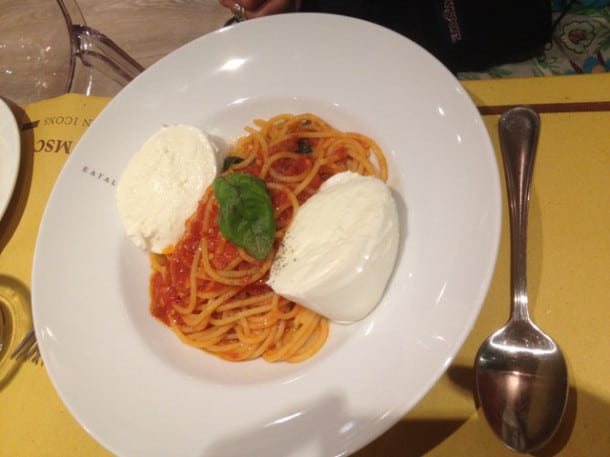 Eataly spaghetti with giant chunks of mozarella