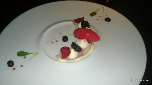 Mixed berries, vanilla cream, chiffon cake and raspberry sorbet from L'Atelier de Joel Robuchon in the MGM Grand
