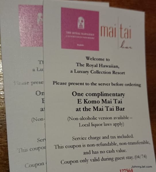 Royal Hawaiian Hotel free Mai Tai coupons