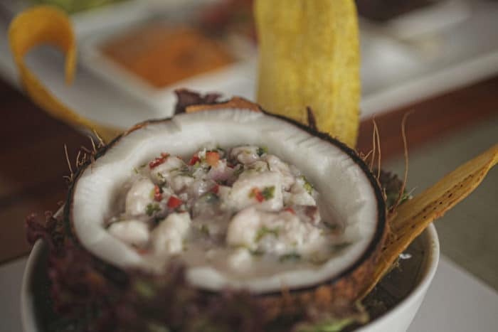 The ceviche served in a coconut at Azul Grill