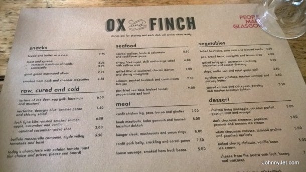 Ox and Finch menu