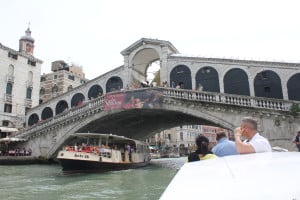 A water taxi can also provide a great opportunity to see the sites. Our arrival to Hotel Bonvecchiati while passing under the Rialto Bridge.