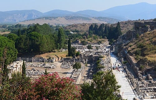 Overlooking the ancient city of Ephesus from the Terrace Houses and in the left corner you can see the Library of Celsus which once held 12,000 scrolls