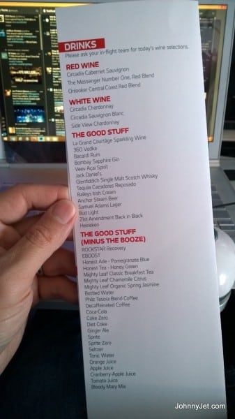Virgin America's LAX-JFK First Class drink menu