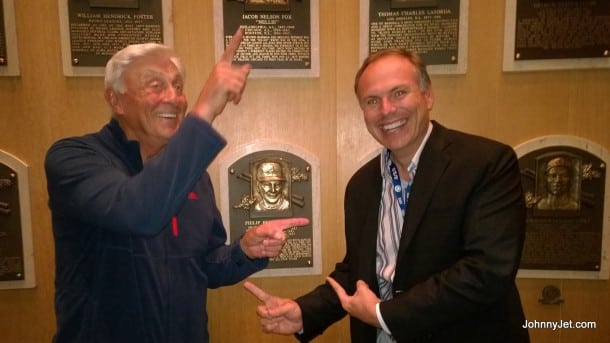 Joking around with Phil Niekro in front of his plaque at the Baseball Hall of Fame