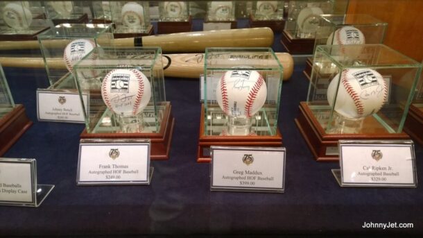 Autographed baseballs for sale at the Baseball Hall of Fame. Credit: Johnny Jet