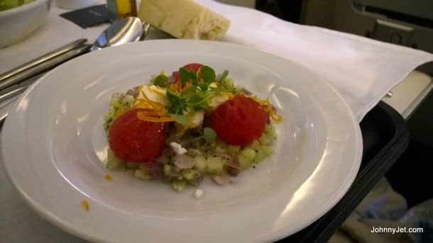 Watermelon salad in British Airways Club World from London to Bangkok