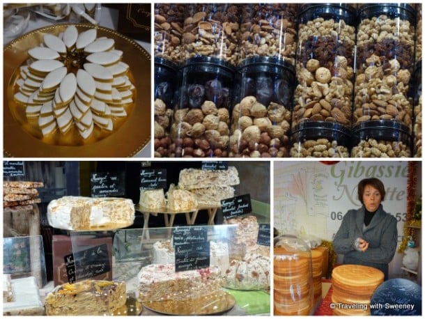 From top left: Calissons d’Aix; nuts,figs,raisins; Pompe a l’huile; and nougat desserts (Aix-en-Provence and Avignon markets)