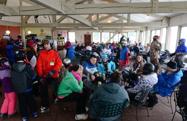 Skiers and boarders stop for lunch at Camelback Mountain Lodge