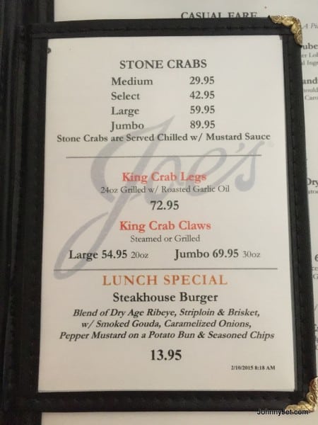 Menu at Joe's Stone Crab in Miami