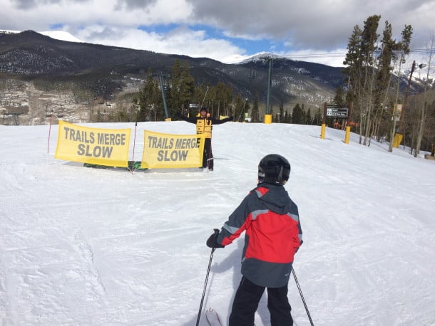 A Keystone “Yellow Jacket” slowly flapping his wings to slow down snowboarders as my little duckling, Ames, approaches