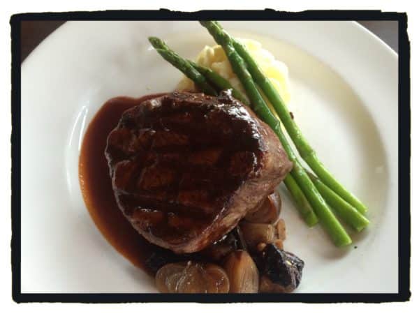 "Grilled Beef Tenderloin Filet 38 Balsamic Cipollini Onions And Baby Portabellas, Potato Puree And Asparagus"