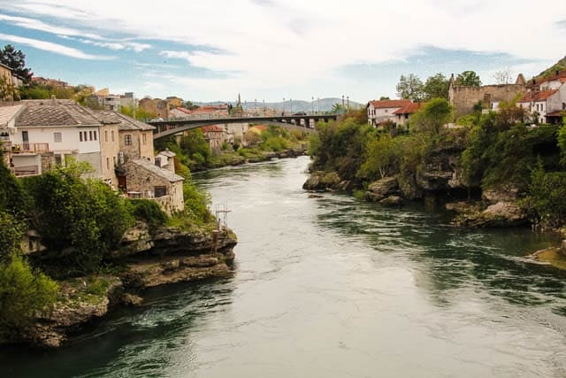 Mostar sits on either side of the river Neretva. This is the view from the famous Stari Most Bridge.