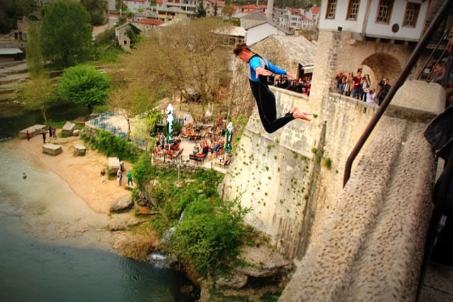 For 20 Euros professional divers will jump off the Stari Most Bridge in Mostar, Bosnia-Herzegovina