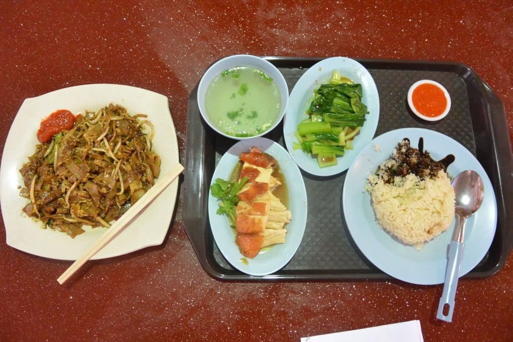 Char kway teow and pork with veggies