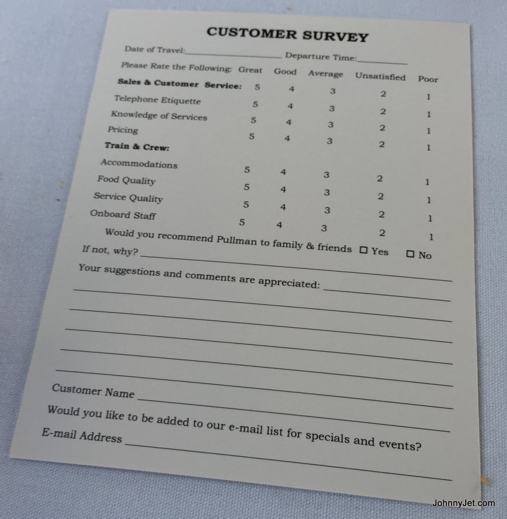 Pullman Rail Journeys customer review card