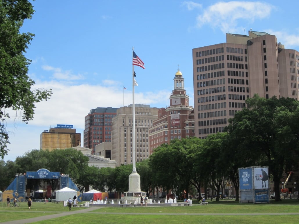 The New Haven Green, centerpiece of the International Festival of Arts and Ideas 