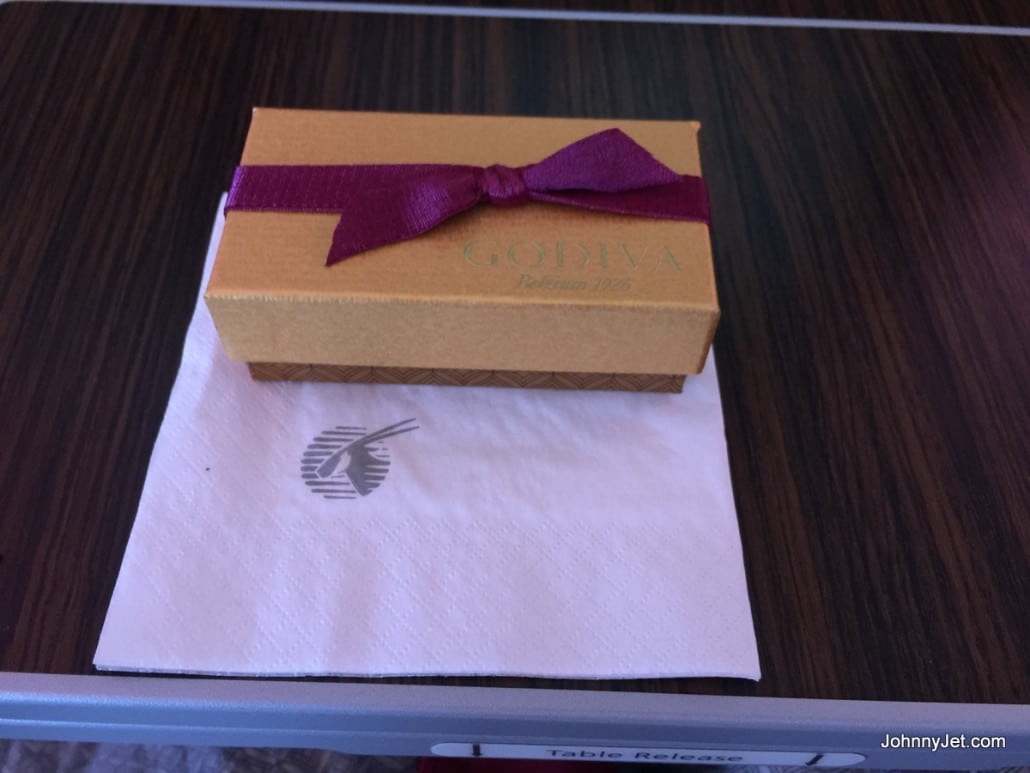 Mini box of Godiva for Business Class passengers on Qatar Airways