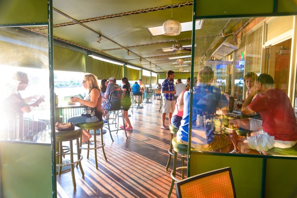 Sun setting on outdoor deck of GS Steamer's Bar & Grill