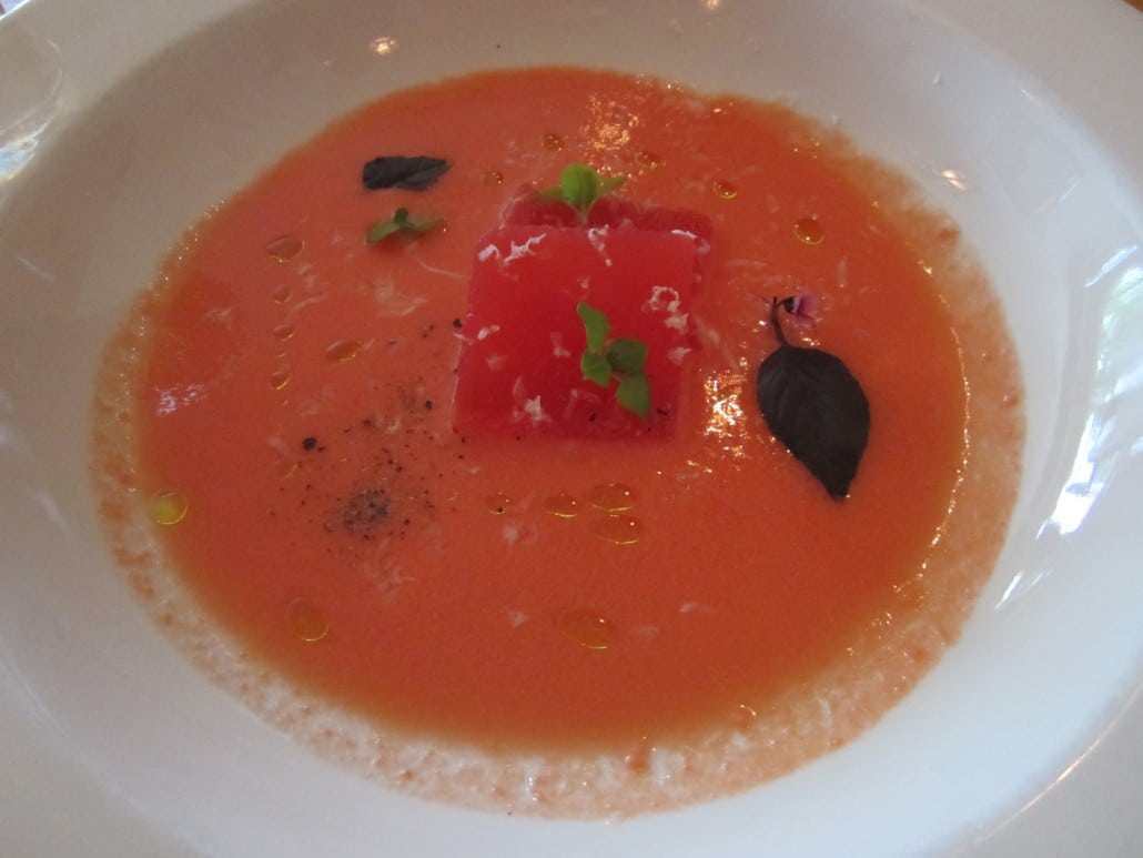 Chilled tomato soup, watermelon and olive oil at The Hollows