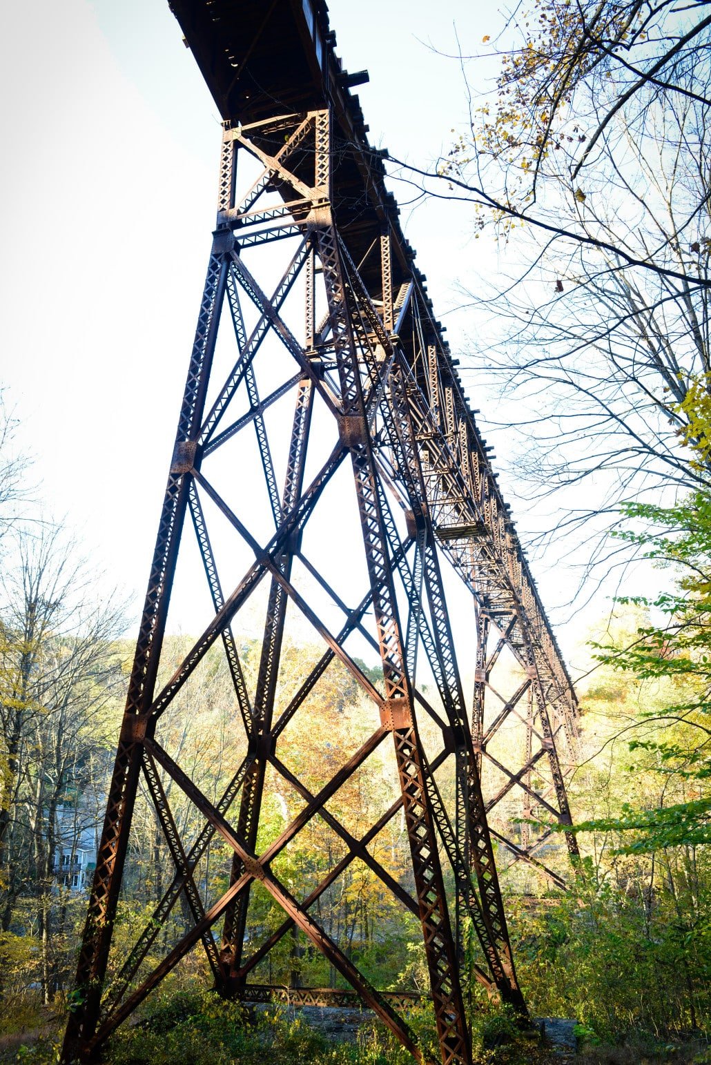 The Rosendale Trestle, formerly a railroad bridge, spans 940 feet across and 150 feet above Rondout Creek and Rt 213