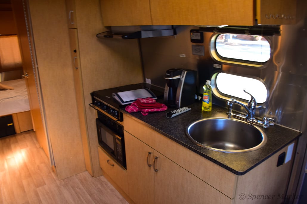 Kitchen and bedroom in the Airstream