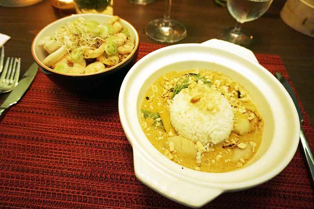 Seafood curry dish and shrimp stir-fry at The Moongate