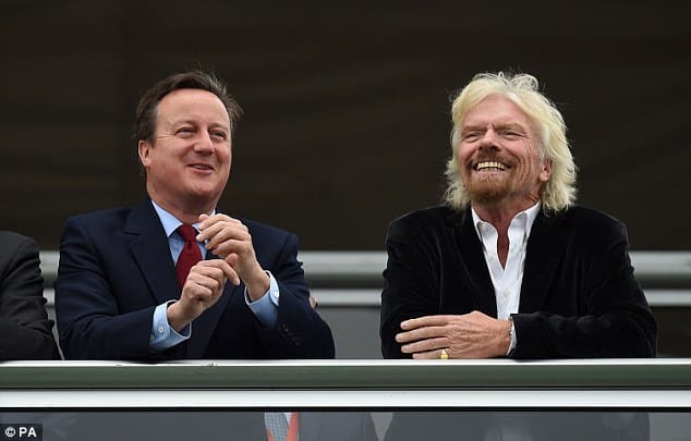 Sir Richard Branson and outgoing British Prime Minister David Cameron