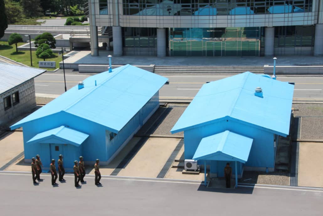 North Korean soldiers marching at the DMZ (Credit: Cameron Green)