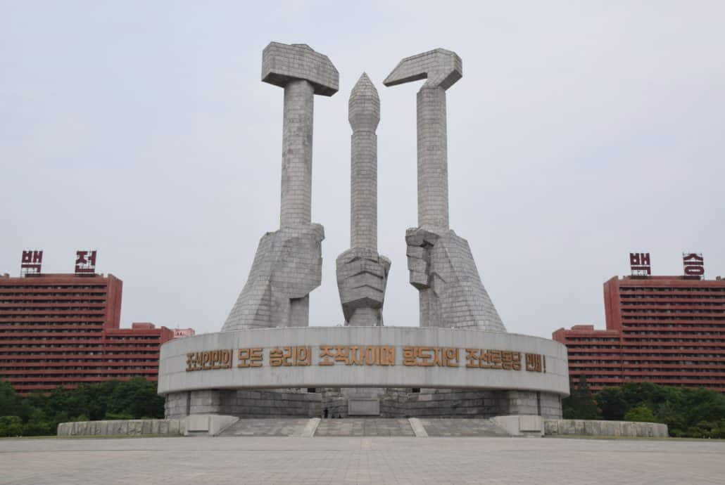 The Monument to Party Founding commemorates the establishment of the Workers' Party of Korea that rules the one-party state of North Korea
