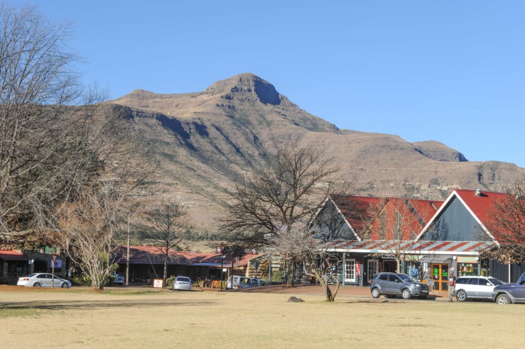 View of Clarens and the Maluti Mountains in background. The Malutis are part of the Drakensberg range.