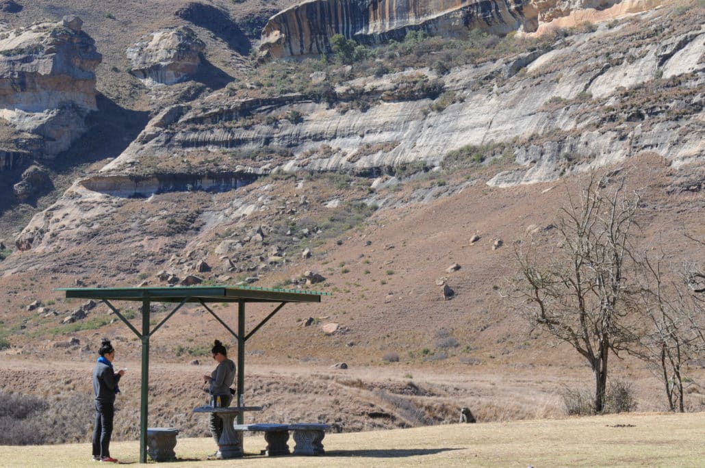 Our picnic spot just outside the entrance to Golden Gate Highlands National Park. Notice the baboon at right, who later steals our lunch right from under our noses!
