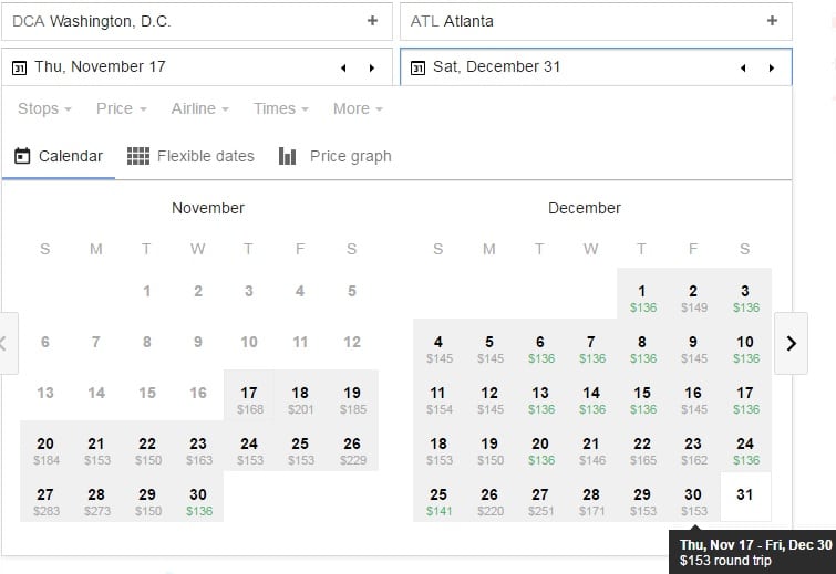 The flight calendar can help you easily locate cheap flying days.