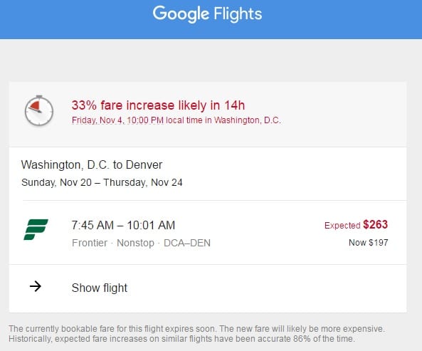 An example of a Google Flights tracked price alert email.