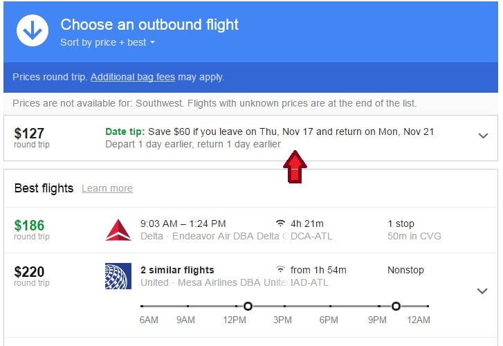 One of the many tips Google Flights will provide to help you save money!