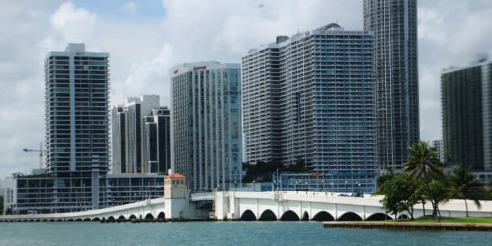 A view of Miami Beach with one of the causeways linking it to Miami (Credit: Bill Rockwell)