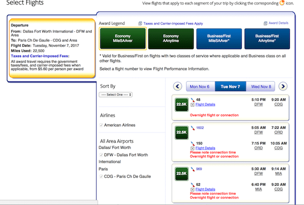 AA non peak award flights to Europe