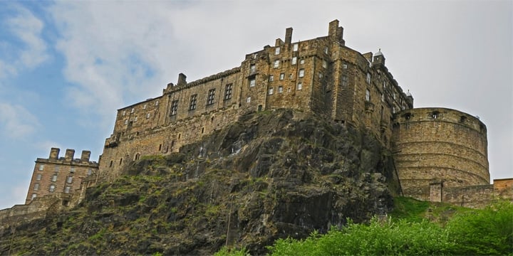 Edinburgh Castle perched atop an ancient volcano, provides 360-degree views of surrounding Edinburgh