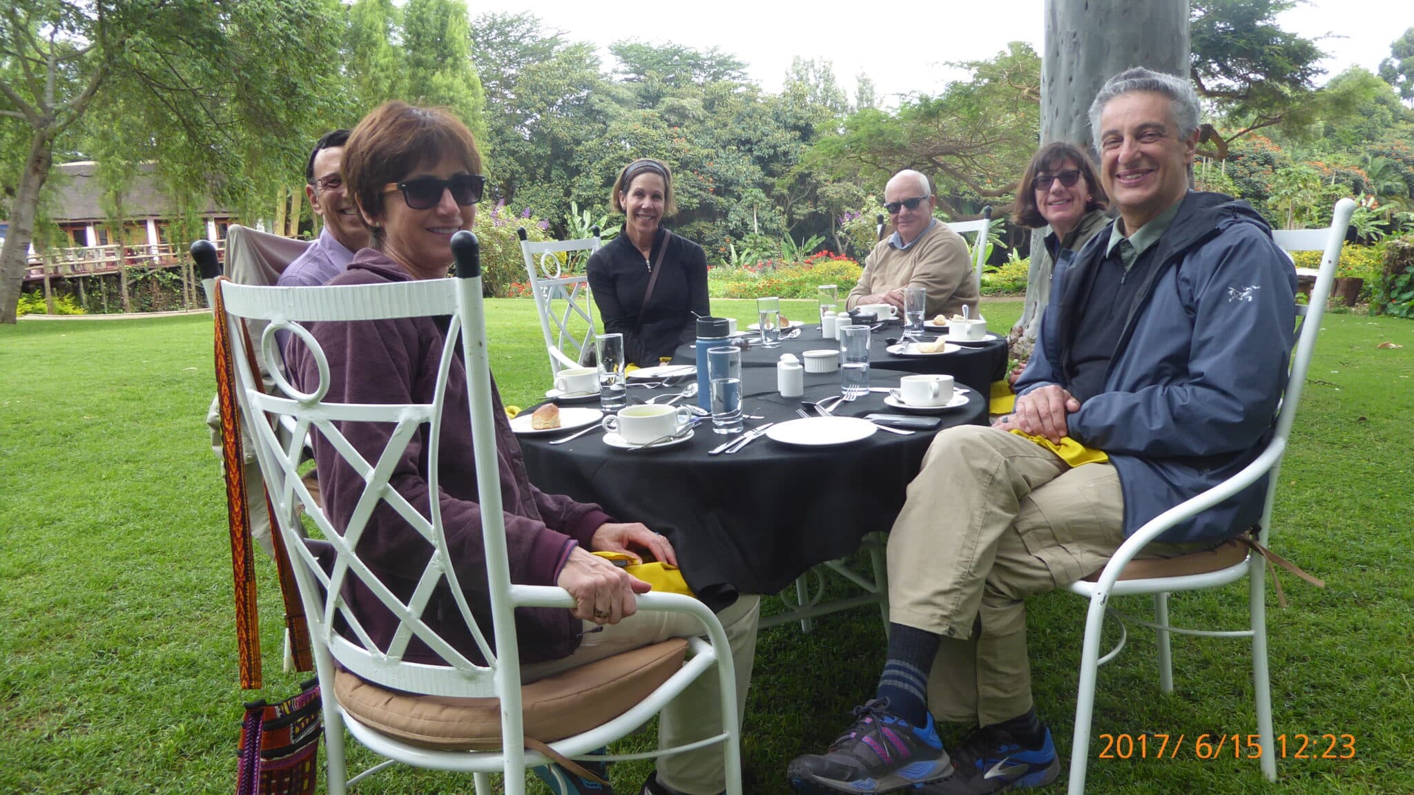 Our group of six at lunch, Ngorongoro Farm House (a tented lodge hotel), Tanzania: Sue Cassidy, Alan Cohn, Gail Cohn, Joe Sharkey, Nancy Sharkey, Mark Gilbert (Credit: Nancy Sharkey)
