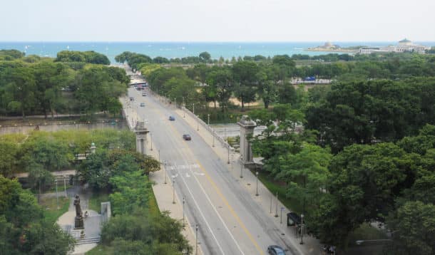 My view looking down on Michigan Avenue and Balbo Street, Grant Park, and out to Navy Pier and Soldier Field