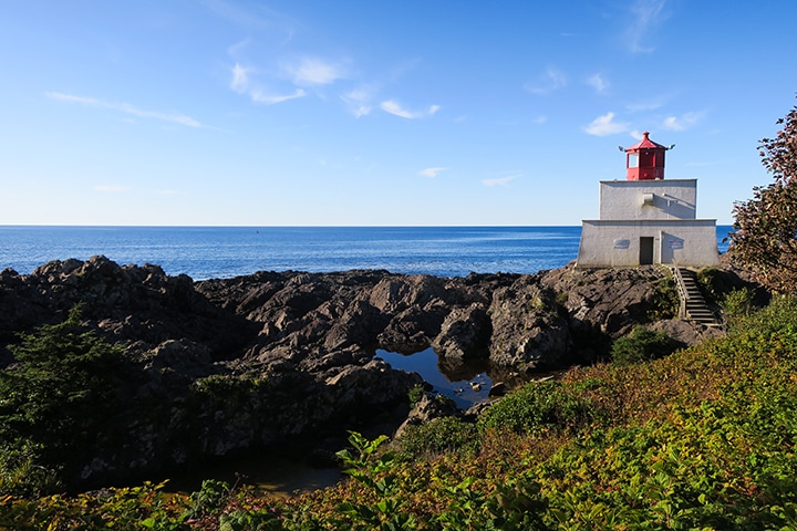 Amphitrite Point Lighthouse looking out on the Pacific Ocean in Ucluelet