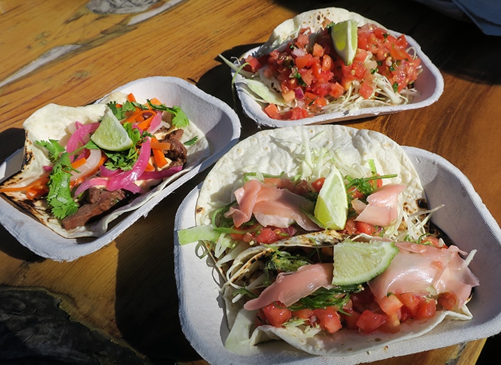 Fish, seared tuna and beef tacos from Tacofino
