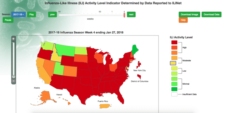 This map shows which states have the worst flu outbreaks